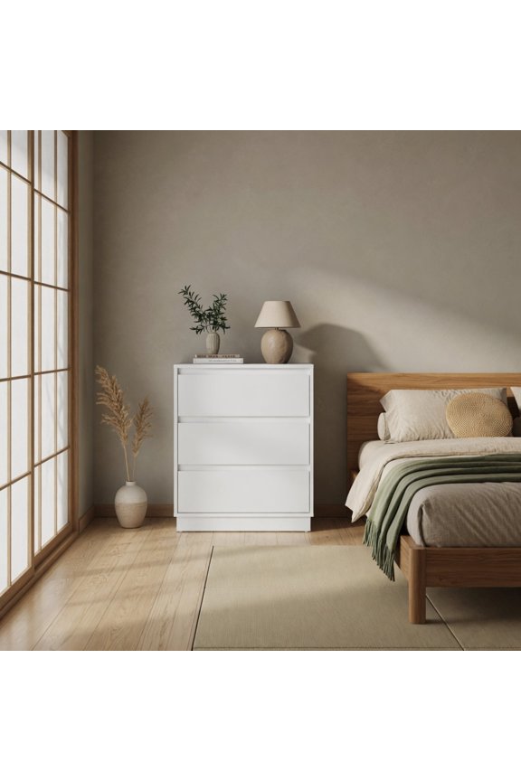 Set of 2 White Modern Nightstands, 23.6 Inch Wide Bedside Tables with 3 Soft Close Handle-Free Drawers, P2 MDF Storage End Table for Bedroom Apartment Small Spaces