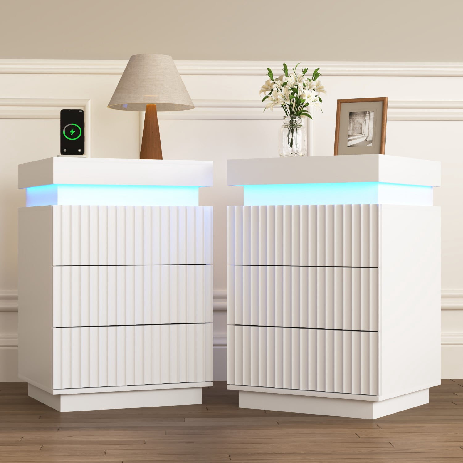 Set of 2 White Nightstands with Charging Station & LED Lights, Fluted Wave Panel Bedside Tables with Hidden Sliding Top Storage, 3 Drawer Night Stands for Bedroom & Living Room