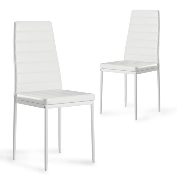 Set of 2 White PU Leather Dining Chairs - Modern Kitchen & Dining Room Side Chairs with Metal Frame, Adjustable Foot Pads, Comfortable Upholstered Seating
