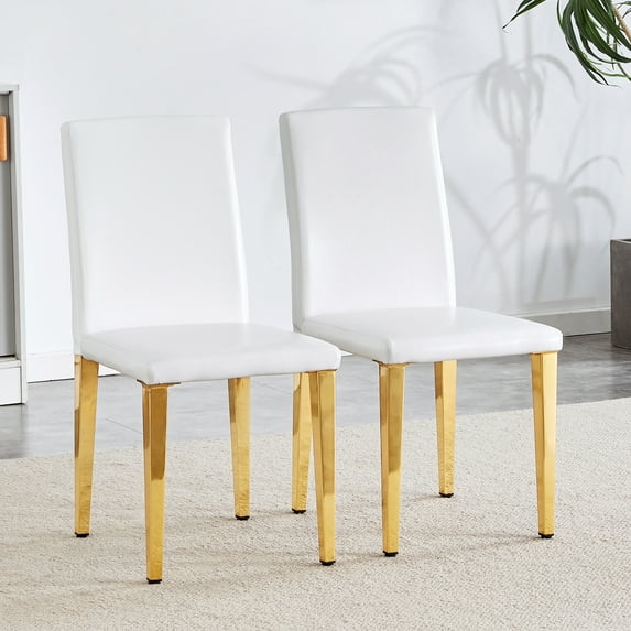 Set of 2 White Pu Leather Backrest Chairs with Gold Metal Legs -A Perfect Match, Suitable for Minimalist and Contemporary Home Decor Styles, with Product Dimensions of 16.2*18.5*34.6 Inches