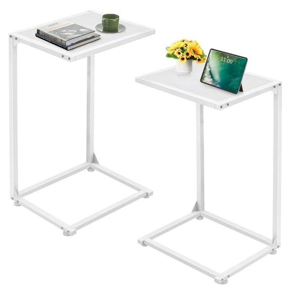 Set of 2 White Simple C-Shaped Tables, Side Snack Bed Trays with Easy-Grip Handle for Couch, Sofa & Bed | Portable Laptop Stand & Eating Table for Living Room
