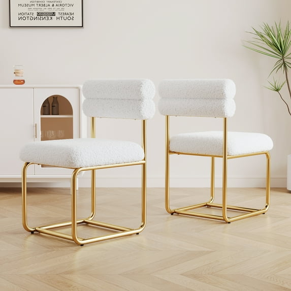 Set of 2 White Teddy Fabric Dining Chairs, Modern Minimalist Design, Gold Legs, Kitchen & Home, Comfortable Cushioned Seats, Ergonomic, Easy Assembly.