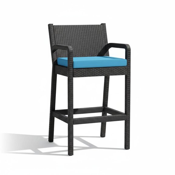 Set of 2 Wicker Bar Stools with Cushions, Indoor Outdoor Bar Height Chairs Wicker with Footrests and Armrests for Backyard, Patio, Pool, Garden, and Deck