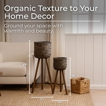 Set of 2 Wicker Basket Decorative Planter Pot with Stand – Handwoven Wooden Bamboo & Plywood Outdoor & Indoor Plant Pot – Rustic Garden & Home Decor Planters – 19" & 23", Brown