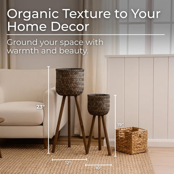 Set of 2 Wicker Basket Decorative Planter Pot with Stand – Handwoven Wooden Bamboo & Plywood Outdoor & Indoor Plant Pot – Rustic Garden & Home Decor Planters – 19" & 23", Brown