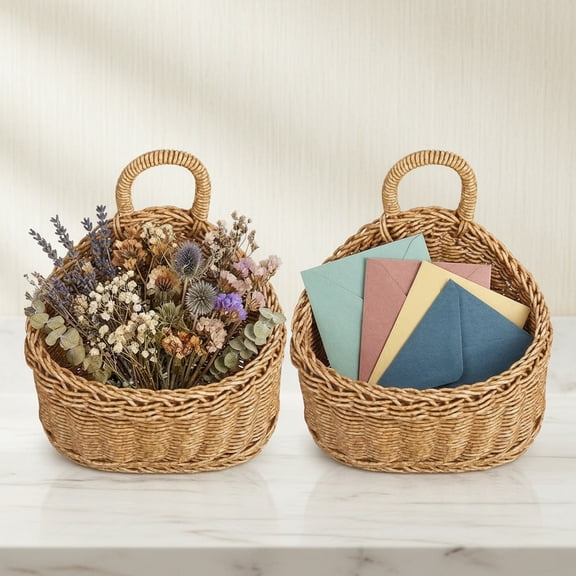 Set of 2 Wicker Hanging Basket for Wall, Front Door, Flowers, Mail, Fruit - Boho Handmade Rattan Hanging Wall Baskets for Garden Farmhouse Home Storage