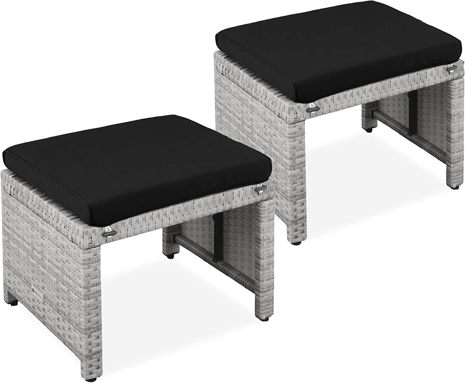 Gray and Black Wicker Outdoor Ottoman Set with Removable Cushions