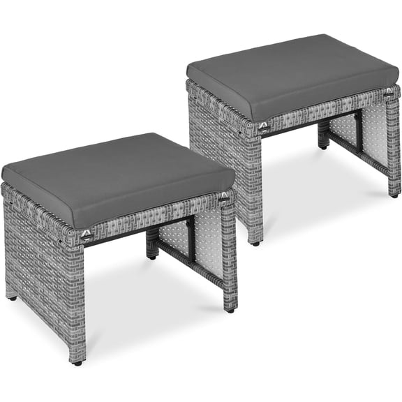 Set of 2 Wicker Ottomans, Multipurpose Outdoor Furniture for Patio, Backyard, Additional Seating, Footrest, Side Table w/Removable Cushions, Steel Frame - Gray/Gray