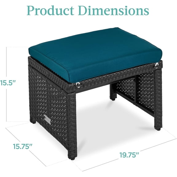 Set of 2 Wicker Ottomans, Multipurpose Outdoor Furniture for Patio, Backyard, Additional Seating, Footrest, Side Table w/Removable Cushions, Steel Frame - Peacock Blue/Black