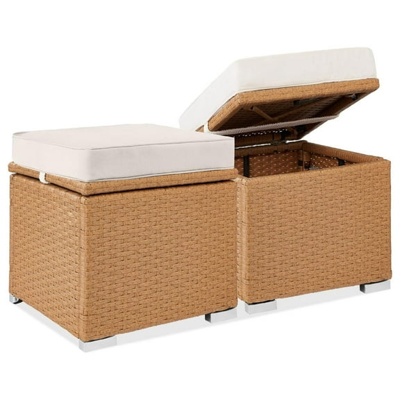 Set of 2 Wicker Ottomans, Multipurpose Outdoor Furniture for Patio, Backyard, Additional Seating, Footrest, Side Table w/Storage, Removable Cushions - Natural/Ivory