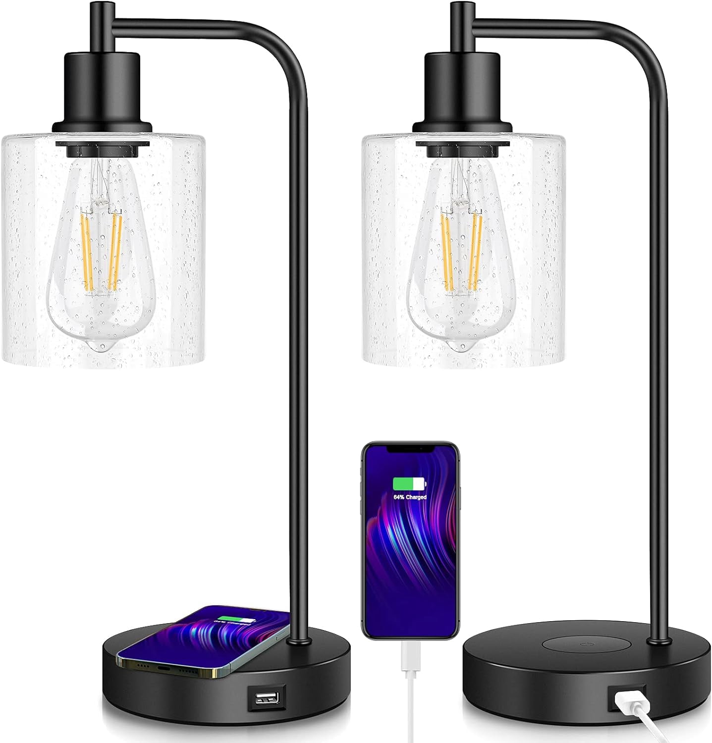 Set of 2 Black Industrial Table Lamps with Seedy Glass Shades