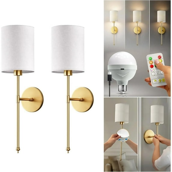 Set of 2 Wireless Wall Sconces Peel & Stick with Adhesives for Easy Installation with Rechargeable LED Bulbs, Remote Controlled, Adjustable Brightness & Warmth, Vintage Wall Decor (Silvery)