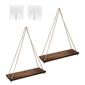Set of 2 Wood Hanging Shelves for Wall, Wall Hanging Shelf, Window Plant shelves, Wood Floating Shelves Window Hanging Plant Triangle Rope Shelf Rustic for Living Room Bedroom Bathroom Kitchen