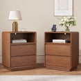 thumbnail image 1 of Set of 2 Wood Nightstand with 2 Drawers and Charging Stations, Natural Solid Wood Night Stand Bedside Table with Open Storage Shelf, Brown End Side Table for Bedroom, 1 of 9