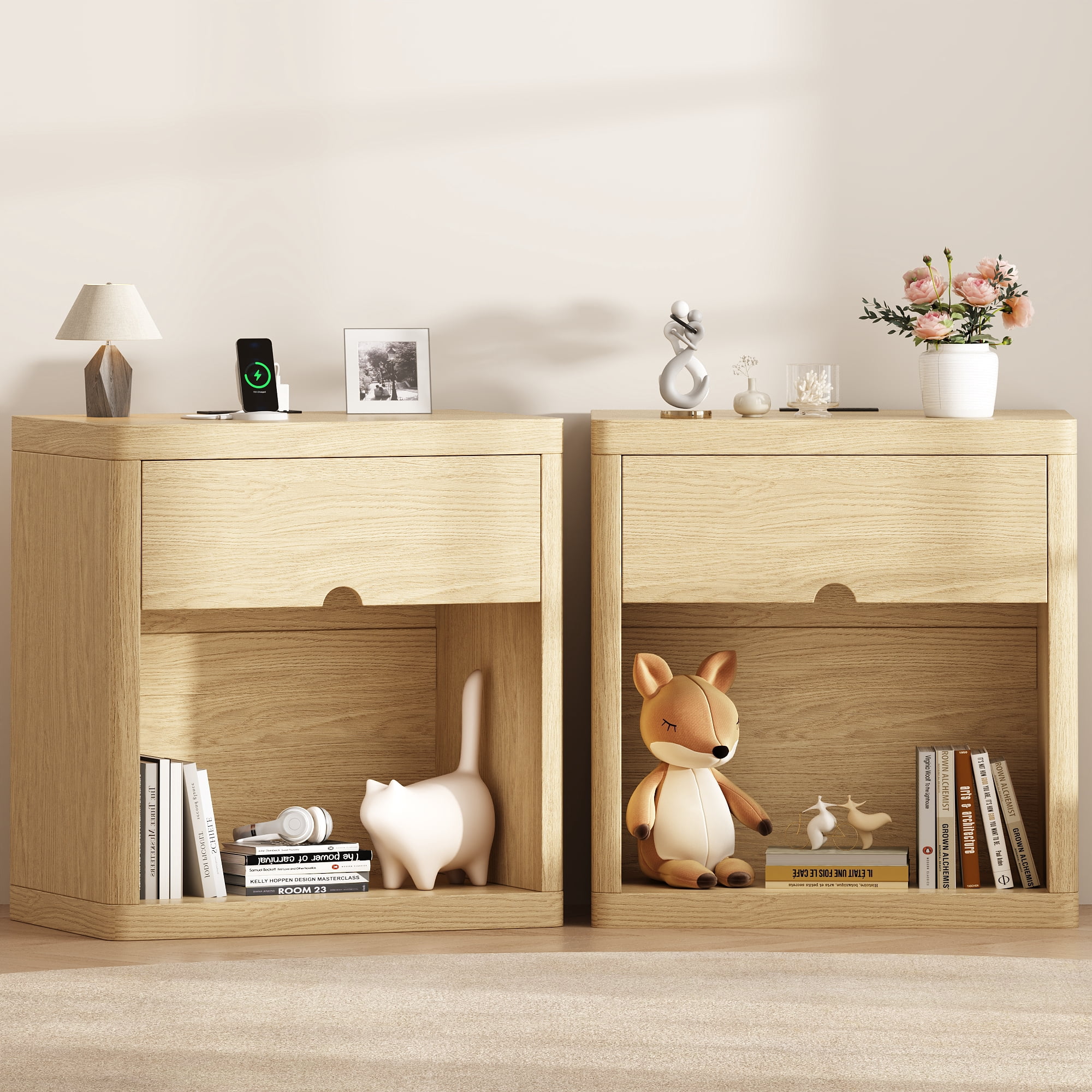 Set of 2 Wood Nightstands with USB Charging Station, 24" Bedside Tables with Safe Rounded Corners & Crescent Handles - Sturdy End Tables for Bedroom, Living Room, Nursery (Wood, 2-Piece Set)