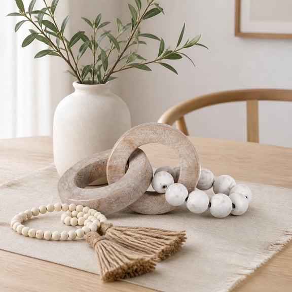 Set of 2 Wooden Knot Decor, Boho Wood Bead Chain and Rustic Farmhouse Table Decorations, Natural Wooden Centerpiece for Coffee Table, Shelf, Tray and Home Decor