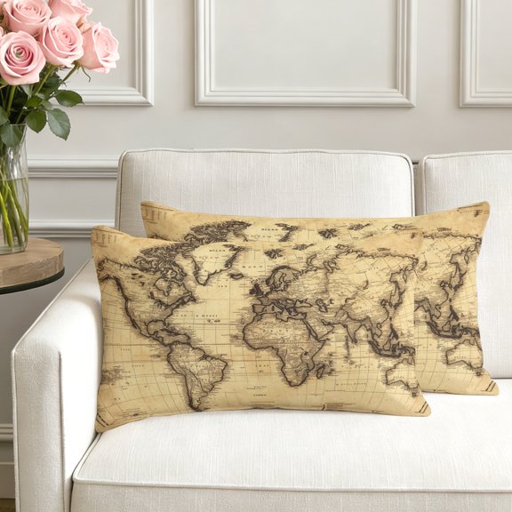 Set of 2 World Map Pillow Covers 12x20 Inch, Retro Yellow Plate Line Abstract Decorative Throw Pillow Cases Cotton Cushion Covers for Sofa Couch Bed Living Room Bedroom Home Decor