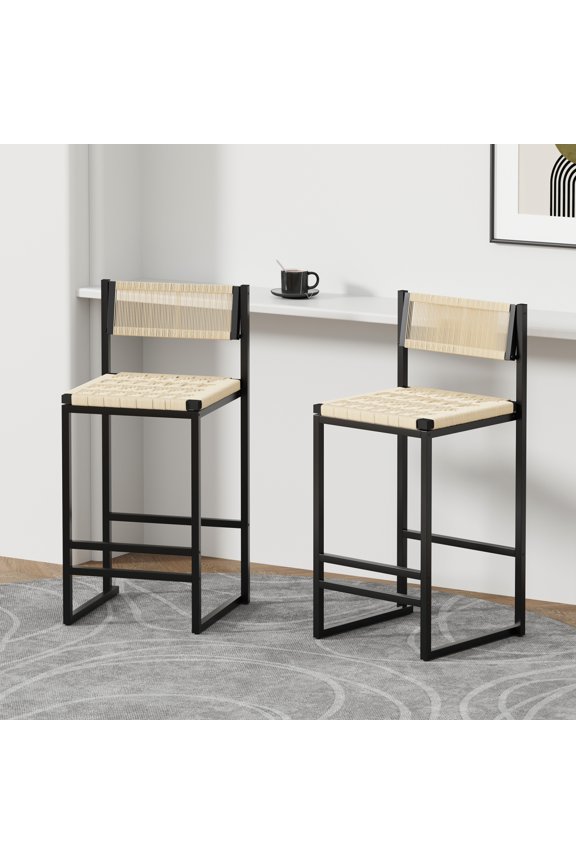 Set of 2 Woven Stools with Backrest Paper Rope Weave Dining Chairs for Kitchen Island (Style B Black & Creamy White) - Paper Rope - Creamy White - Modern & Chic Design - Kitchen Island - Elegant