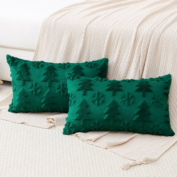 Set of 2 Xmas Soft Plush Short Wool Velvet Decorative Throw Pillow Covers Rectangular Luxury Style Cushion Case Pillow Shell for Sofa Bedroom Tree and Snowflake Red, 11.8x19.7 Inch, Green
