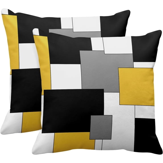 Set of 2 Yellow Geometric Throw Pillow Covers Black Grey White Painting Abstract Checkered Design Decorative Pillow Case Modern Home Decor Standard Square 18x18 Inch Cushion Pillowcase