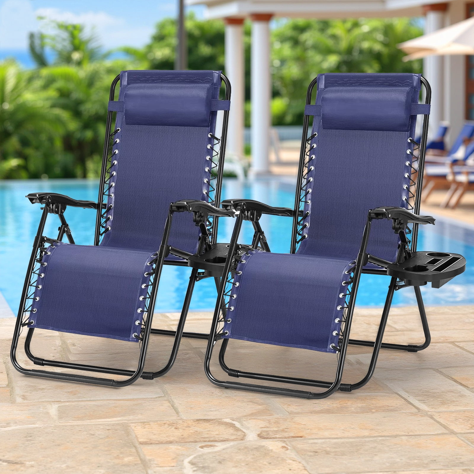 TINKLE WELL Set of 2 Zero Gravity Recliner Chair, Portable Folding Lounge Chairs for Outdoor Relaxation, Featuring Adjustable Headrest Pillows, Cup Holder Trays, and Ergonomic Design, Blue