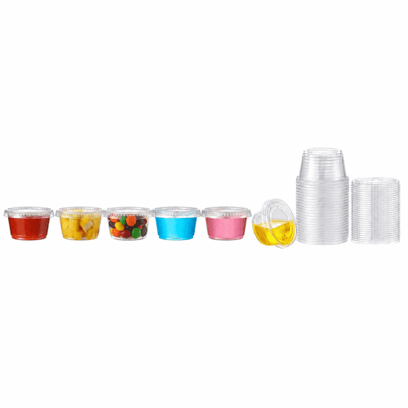 Set of 2 oz Jello Shot Cups with Lids, Stackable Food Safe Disposable Plastic Portion Condiment Dipping Sauce Cups, Small Containers for Salad Dressing