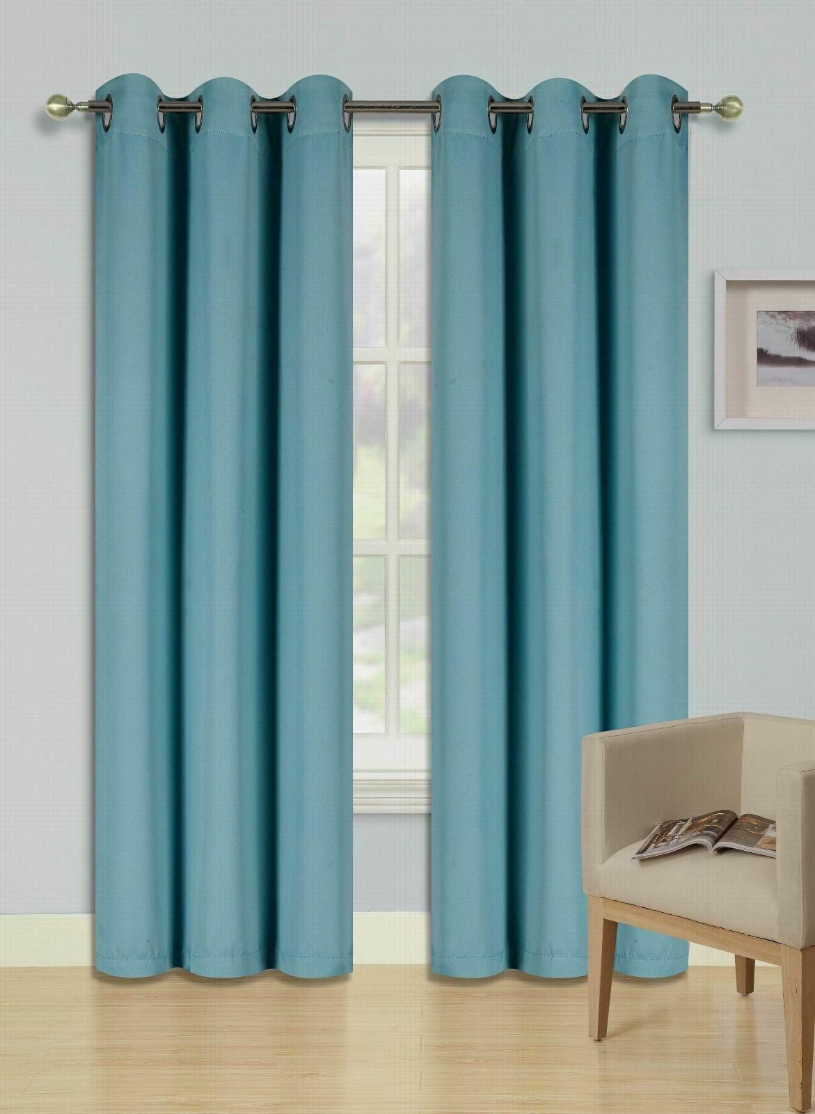 Set of 2 panels K68 teal blue color blackout unlined thermal light ...