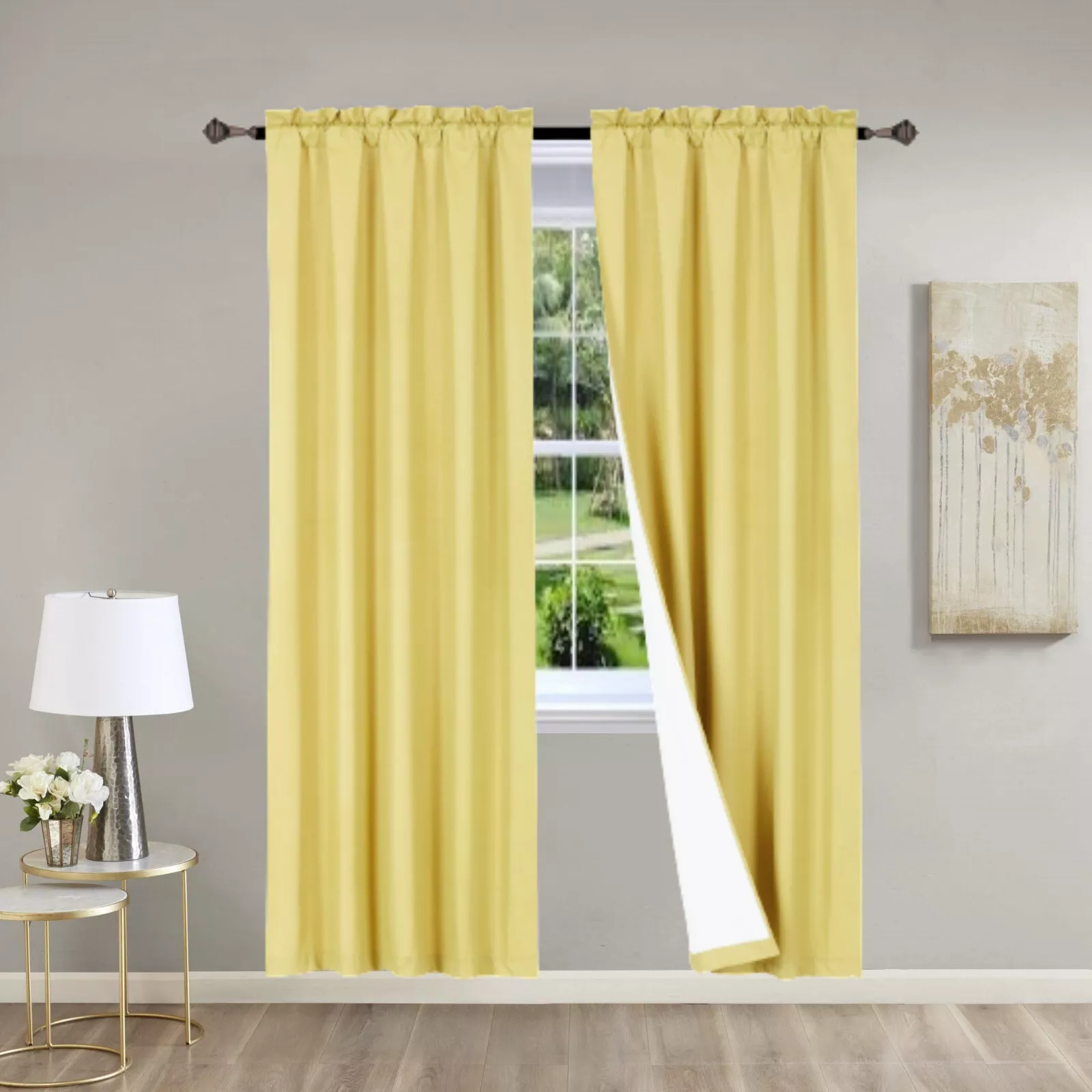 Set of 2 panels yellow solid matte color light filtering with rod ...