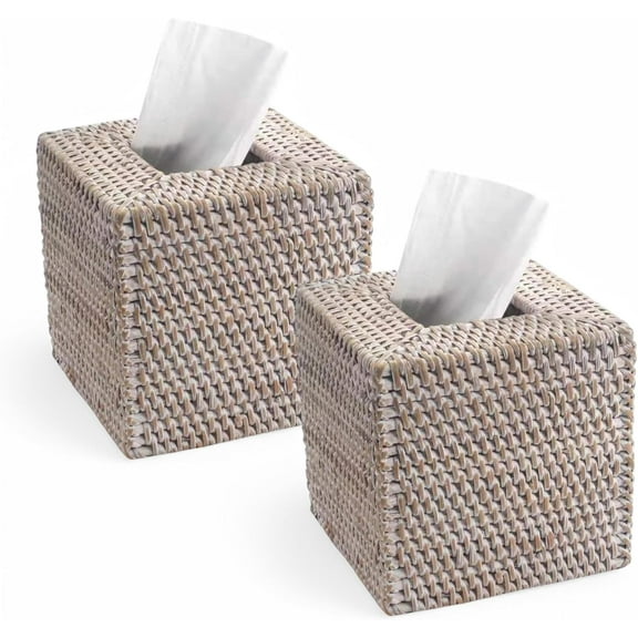Set of 2 pcs Woven Rattan Square Tissue Box Holder for Kitchen, Bathroom, Car, Office Table Desk - Decorative Wicker Refillable Paper Napkin Dispenser Holder (Whitewash)
