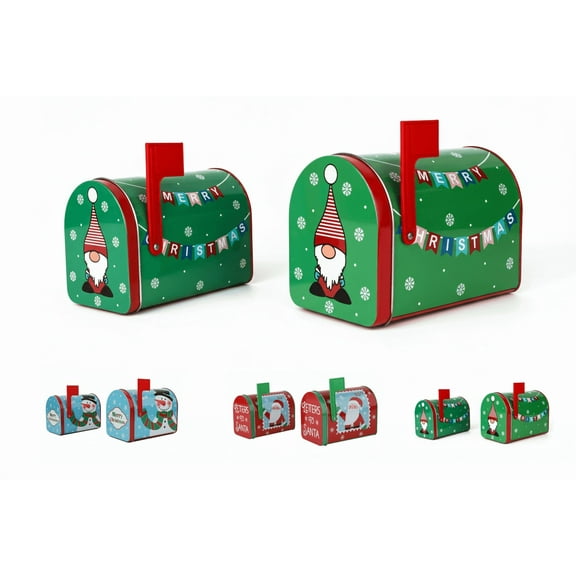 Set of 2 sizes Christmas/Holiday Decorative Mailbox Tins, Merry Christmas Santa Snowman Gnome Designs for Crafts, Gifts, Treats, Sweets, Cookies, Favors, Holiday Decor (Santa)