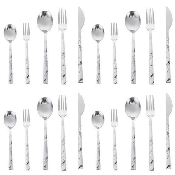 Set 20 Pieces, Marble Veining Handle And Matte Head Flatware Set, Stainless Steel Cutlery Set, Utensil Sets, Service Set for 4 - Silver Marble