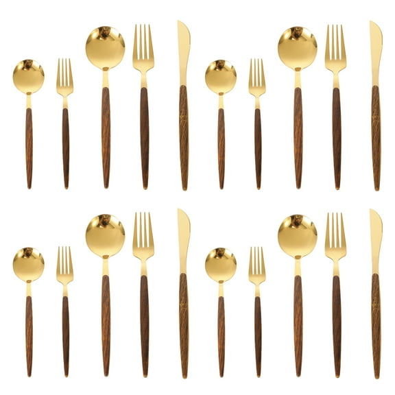 Set 20 Pieces, Wood Surface Handle And Matte Gold Head Flatware Set, Stainless Steel Cutlery Set, Utensil Sets, Service Set for 4 - Gold Tip Tail