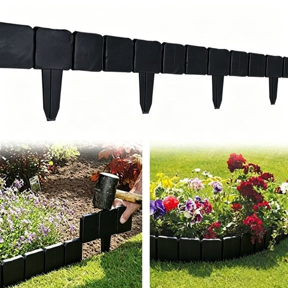 Set of 20 interlocking stone-textured garden fence panels with edging; features an interlocking, ground-insert design for garden landscaping; highly durable,Black