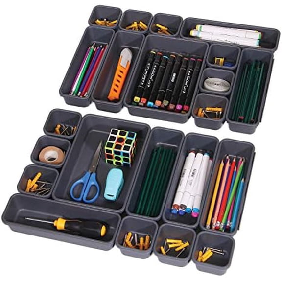 Set of 22 Interlocking Desk Drawer Organizer Tray Dividers Plastic Shallow Narrow Drawers Organizers Separators and Storage Bins Container for Kitchen Bathroom Makeup Office Vanity Bedroom Dresser