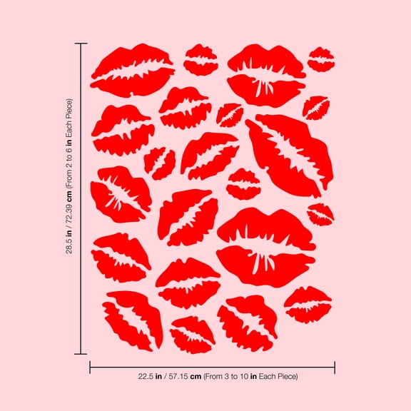 Set of 22 Valentines Day Vinyl Wall Art Decal - Kisses - From 2" To 10" Each - Trendy Red Lips For Home Living Room Bedroom Indoor Outdoor Apartment Girly Women's Teens Decor