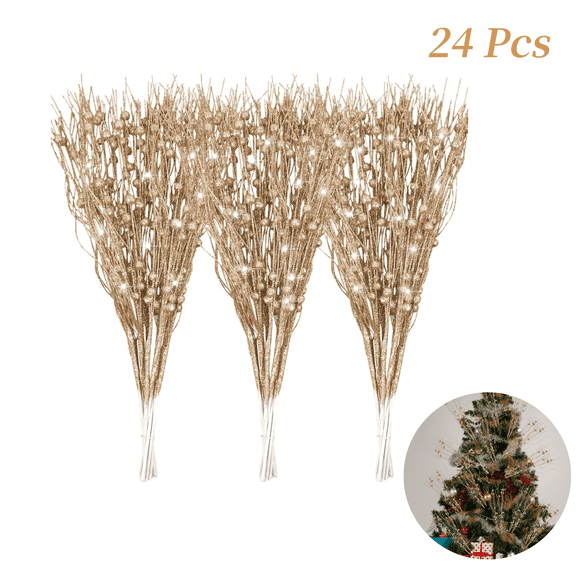 Set of 24 Artificial Glitter Berry Stalk Ornaments,Vase Filler Decorations,Branches for Christmas Tree,Fake Christmas Twigs Picks,for Home Holiday, Wedding, Party (Champagne)