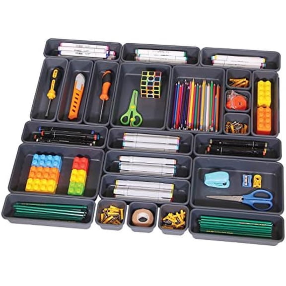 Set of 24 Interlocking Desk Drawer Organizer Tray Dividers Plastic Shallow Narrow Drawers Organizers Separators Storage Bins Container for Kitchen Bathroom Makeup Office Vanity Bedroom Dresser