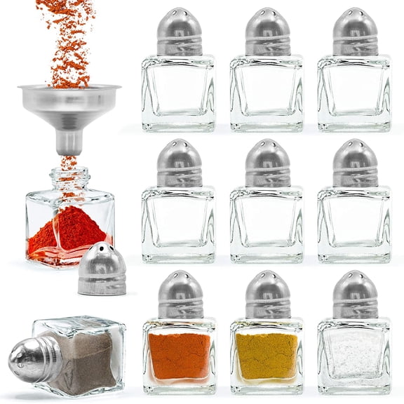 Set of 24 Small Salt and Pepper Shakers, Bulk Salt and Pepper Shakers with Funnel Tool, Clear Glass Mini Salt and Pepper Shakers Set with Stainless Steel Tops for Wedding Table & Party, 0.5 oz