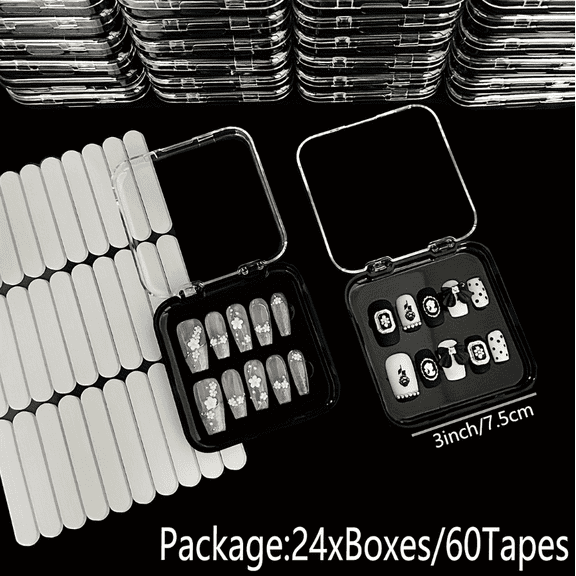Set of 24 push-top nail storage boxes, plastic display and storage boxes for artificial nails, includes 60 double-sided adhesive strips, artificial nails, and nail salon accessories.
