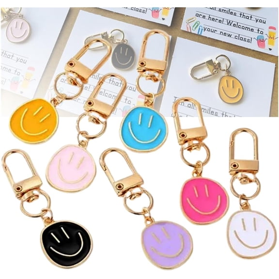 Set of 25 First Day of School Gifts for Students, Smile Keychains Bulk,Enamel Pendants,7 Colors, Welcome to Your New Class Key Chain Gift for Classroom Rewards from Teacher to Students Supplies
