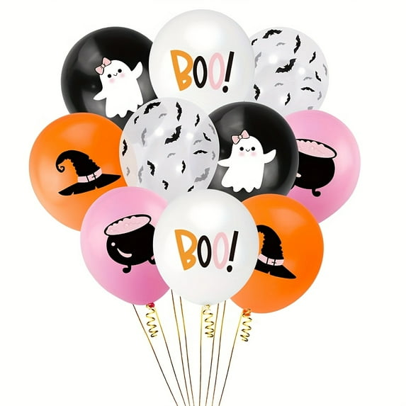A Set of 25 Halloween-Themed Balloons in Pink, Orange, Black, And White Transparent Latex, Featuring Designs of Witch Hats And Bats, Perfect for Halloween Parties And Spooky Celebrations.
