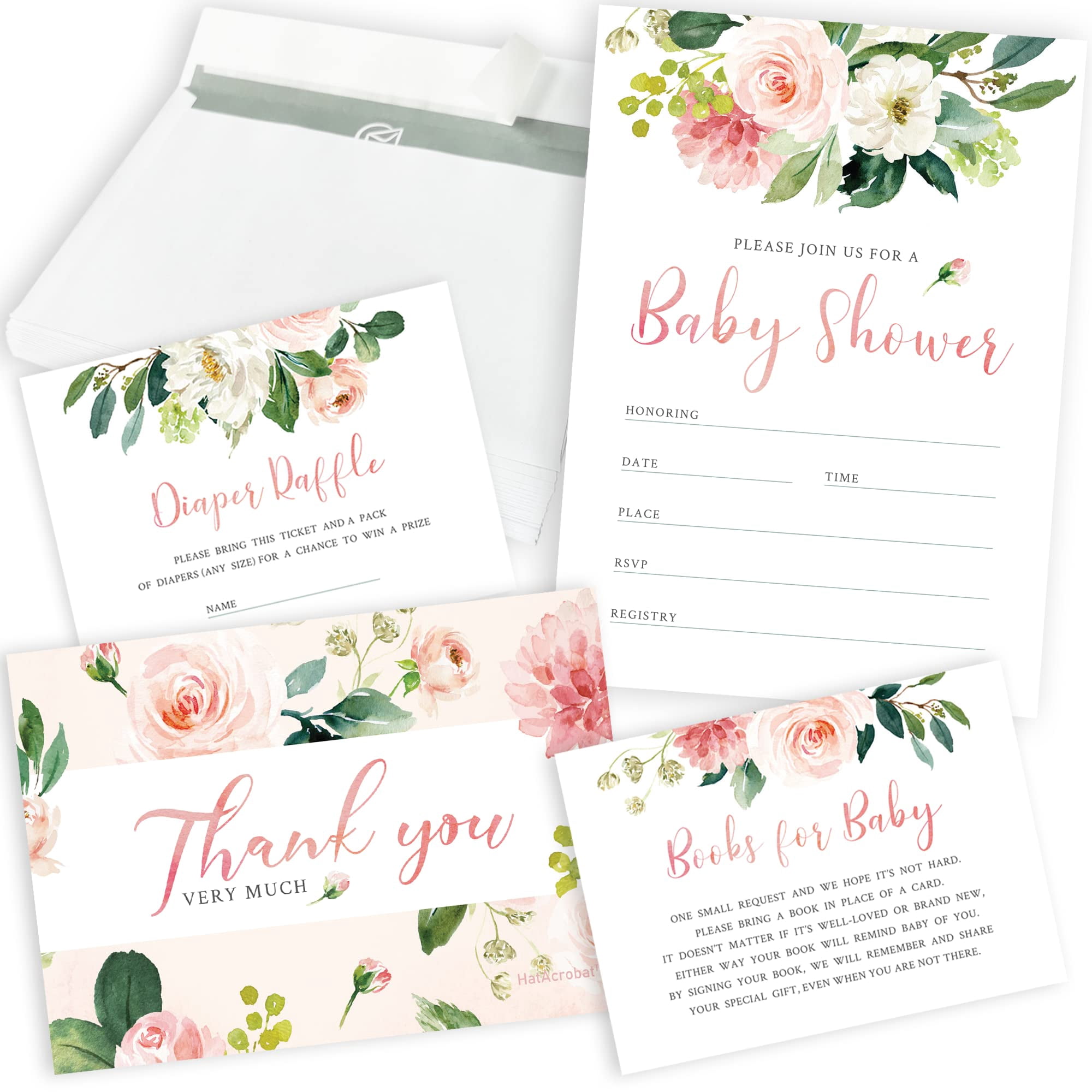 Set of 25 Floral Baby Shower Invitations, Diaper Raffle Tickets and Baby Shower Book Request Cards with Envelopes. It's a Girl Pink Boho Fill-in
