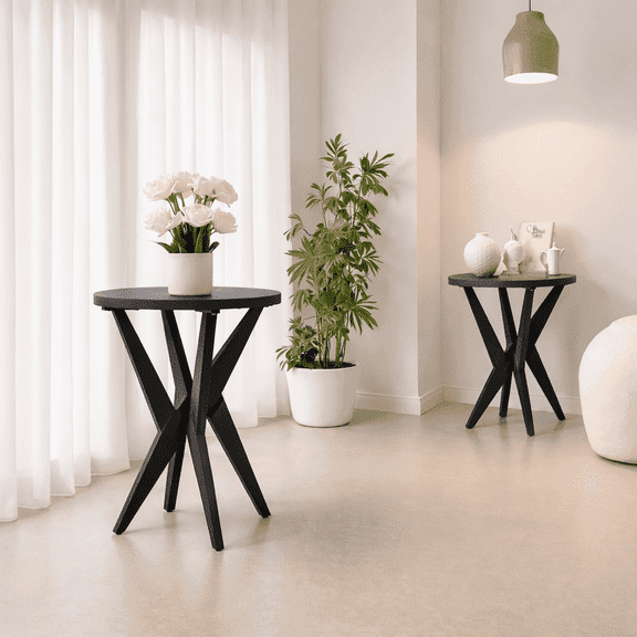 Set of 2 Round End Table 24'' High Side Table with Cross Legs, Modern Accent Bedside Table for Living Room, Balcony, Bedroom or Small Spaces, Black