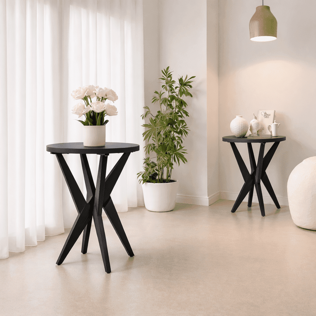 Set of 2 Round End Table 24'' High Side Table with Cross Legs, Modern Accent Bedside Table for Living Room, Balcony, Bedroom or Small Spaces, Black