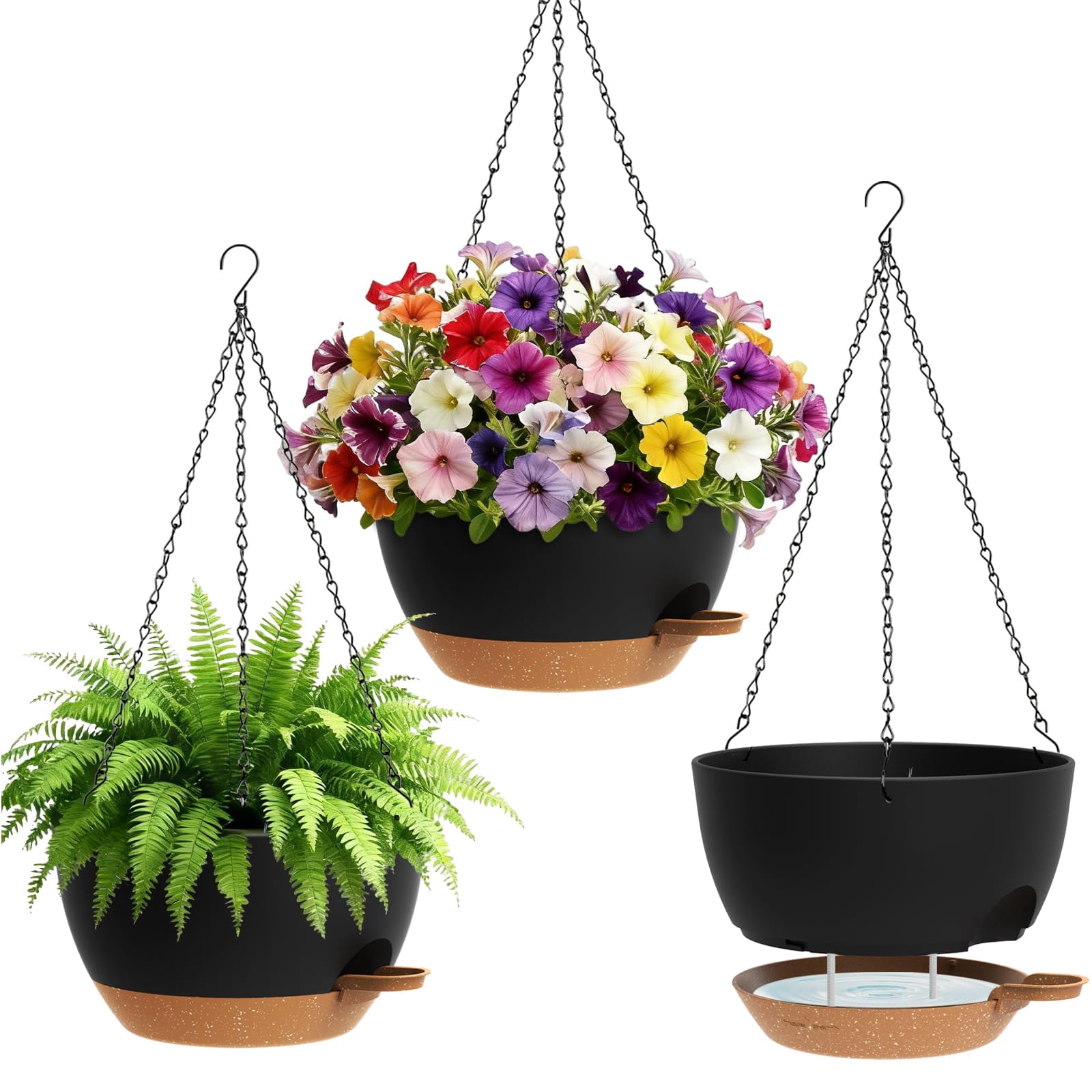 Set Of 3-10 Inch Self Watering Hanging Planters For Indoor Outdoor Plant Pots With Drainage & Removable Tray  Holder Ivy Pothos Ferns Balcony Patio Black Brown