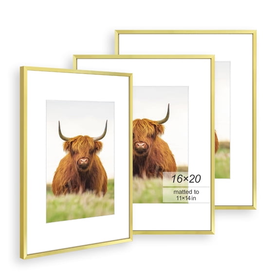 Set of 3 16x20 Picture Frames, Gold Border Photo Frame with Mat, Holds 11x14 with Mat or 16x20 without Mat, Poster and Art Frame for Living Room Bedroom Wall, Easy to Hang in Both Directions, Gold