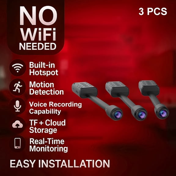 Set of 3 2.4G Full HD 1080P Mini Security Cameras, Motion Detection & Audio Recording, Built-in Hotspot for No WiFi Close Range Viewing, Cloud & SD Card Storage Supported