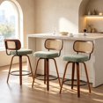 thumbnail image 1 of Set of 3 26 Inch Swivel Counter Bar Stools, Rattan Cane Back, Green Linen Seat with Curved Walnut Wood Legs, Mid-Century Farmhouse Kitchen Island Chairs, 1 of 10