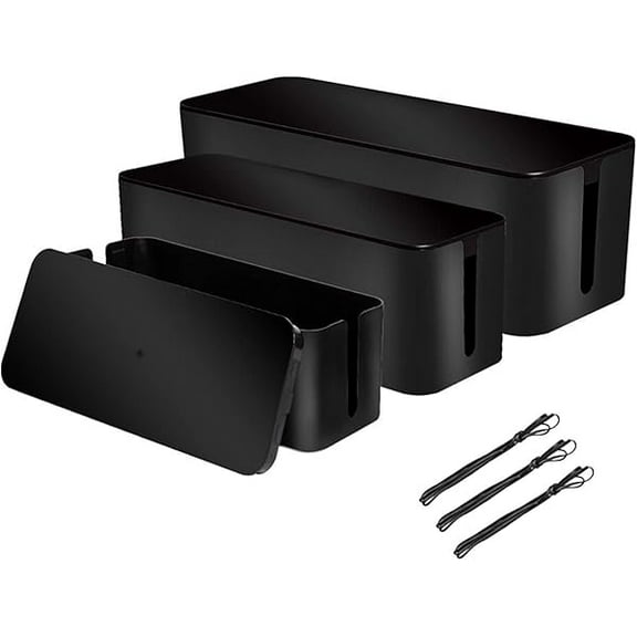 [Set of 3] 3 Cable Management Boxes + 3 Wire Ties, Large Cord Box Organizers to Hold and Hide Power Strip Charger Adapter Power Cord Charging Station USB HUB (Black)