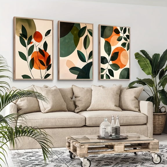 Set of 3 Abstract Botanical Prints, Modern Minimalist Bohemian Wall Art, Leaf Pattern Canvas Paintings, Spring & Summer Landscape Poster, Frameless Indoor Decor for Living Room, Bedroom, Home Office